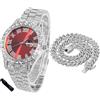 HALUKAKAH Orologio Diamanti Iced Out per Ragazzi - Placcato Oro 18 Carati/Platino,Quadrante Verde/Blu/Rosso 42mm,Lunghezza 20cm,Opzionale con Catena Cubana e Strumento di Regolazione - Scatola Regalo