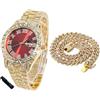 HALUKAKAH Orologio Diamanti Iced Out per Ragazzi - Placcato Oro 18 Carati/Platino,Quadrante Verde/Blu/Rosso 42mm,Lunghezza 20cm,Opzionale con Catena Cubana e Strumento di Regolazione - Scatola Regalo