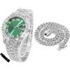 HALUKAKAH Orologio Diamanti Iced Out per Ragazzi - Placcato Oro 18 Carati/Platino,Quadrante Verde/Blu/Rosso 42mm,Lunghezza 20cm,Opzionale con Catena Cubana e Strumento di Regolazione - Scatola Regalo