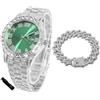 HALUKAKAH Orologio Diamanti Iced Out per Ragazzi Adolescenti - Placcato Platino,Quadrante Verde 42mm,Lunghezza 20cm,con Catena Cubane 18cm e Strumento di Regolazione - Scatola Regalo Dorata