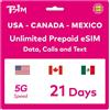 TSIM eSIM Prepagata USA per 21 Giorni | Dati Illimitati 4G/5G negli Stati Uniti + 5GB Dati in Canada/Messico | Chiamate Locali Illimitate | Chiamate e SMS Gratuiti in Arrivo
