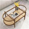 COSTWAY Tavolino da Salotto in Legno Massello e Vetro, Tavolino Basso a 2 Piani con Spazio di Archiviazione, Tavolo Ovale Elegante per Soggiorno e Ufficio