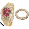 HALUKAKAH Orologio Diamanti Iced Out per Ragazzi Adolescenti - Placcato Oro 18 Carati,Quadrante Rosso 42mm,Lunghezza 20cm,con Catena Cubane 18cm e Strumento di Regolazione - Scatola Regalo Dorata
