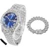 HALUKAKAH Orologio Diamanti Iced Out per Ragazzi Adolescenti - Placcato Platino,Quadrante Blu 42mm,Lunghezza 20cm,con Catena Cubane 18cm e Strumento di Regolazione - Scatola Regalo Dorata