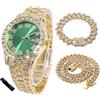 HALUKAKAH Orologio Diamanti Iced Out per Ragazzi - Placcato Oro 18 Carati/Platino,Quadrante Verde/Blu/Rosso 42mm,Lunghezza 20cm,Opzionale con Catena Cubana e Strumento di Regolazione - Scatola Regalo