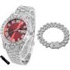 HALUKAKAH Orologio Diamanti Iced Out per Ragazzi Adolescenti - Placcato Platino,Quadrante Rosso 42mm,Lunghezza 20cm,con Catena Cubane 18cm e Strumento di Regolazione - Scatola Regalo Dorata