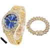 HALUKAKAH Orologio Diamanti Iced Out per Ragazzi Adolescenti - Placcato Oro 18 Carati,Quadrante Blu 42mm,Lunghezza 20cm,con Catena Cubane 18cm e Strumento di Regolazione - Scatola Regalo Dorata