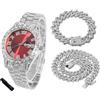 HALUKAKAH Orologio Diamanti Iced Out per Ragazzi - Placcato Oro 18 Carati/Platino,Quadrante Verde/Blu/Rosso 42mm,Lunghezza 20cm,Opzionale con Catena Cubana e Strumento di Regolazione - Scatola Regalo
