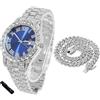 HALUKAKAH Orologio Diamanti Iced Out per Ragazzi - Placcato Oro 18 Carati/Platino,Quadrante Verde/Blu/Rosso 42mm,Lunghezza 20cm,Opzionale con Catena Cubana e Strumento di Regolazione - Scatola Regalo