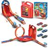 Charmofun Pista Macchinine 2 in1, Giocattolo Piste da Corsa con 6 Auto, Scatola Immagazzinaggio, Piste Macchinine per Bambini con Anello e Binari a U, Portatile Pista per Bambini 3+ Anni (Rosso)