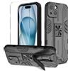 Btstring Cover per iPhone 15 con Pellicola Protettiva, Militare Custodia con Stand Supporto Bumper Antiurto Case, TPU+PC Dual Layer Custodia -Nero