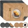 Pixieora Set di 6 tovagliette e sottobicchieri in ecopelle, lavabili, reversibili, motivo pelle bovina, impermeabili, antiscivolo, resistenti al calore, per cucina e tavolo da pranzo (6, nero, beige)