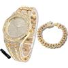 HALUKAKAH Orologio con Diamanti in Oro per Adolescenti,Bambini - Placcato in Oro 18 Carati,Quadrante Ottagono 41mm,Quarzo Giapponese - Lunghezza 19cm,con Catena Cubana 18cm e Strumento Regolatore