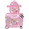 MonTravel Valigia Cavalcabile per Bambini 2 in 1 con Zainetto Bagaglio a Mano Rigido 47x26x36 cm Trolley Ruote Spinner 360 Asta Telescopica Cinghia Traino Fantasia Unicorno