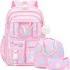 Amythe Zaino Scuola Elementare Bambina 3 Pezzi, Zaini Bambina Kawaii Set di 6-12 anni con Cintura Toracica e Riflettente, Zainetto Ragazza per la Scuola Leggero e Impermeabile-Rosa