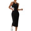 Sthxyfaith Abito estivo da donna a costine, senza maniche, con scollo all'americana, aderente, nero, M