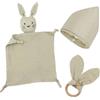 BINYI Regalo per bambini e bambine, set regalo per neonati, 3 pezzi, regalo per la nascita con panno per affusolare, coniglietto e massaggiagengive in legno e bavaglini per neonati, cose (cachi)