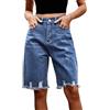 Generic Bermuda in denim da donna a vita alta gamba dritta lunghezza al ginocchio jeans pantaloncini estivi alla moda lunghi in denim con tasche, E-blue, XXL