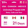 TSIM Carta SIM Prepagata USA per 21 Giorni | Dati Illimitati 4G/5G negli USA + 5GB Dati Canada/Messico | Chiamate Locali Illimitate | Chiamate e SMS Gratuiti in Arrivo