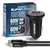 PORTENTUM Dual Simultaneous Car Charger 60W - 60W USB Type-C Cable Fast Charging - Car Battery Charger Mobile Phone - USBC PD 30W + USBA QC 30W - For iPhone iPad Android
