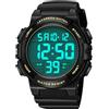 caprock Orologio digitale da uomo, luminoso, impermeabile fino a 5 ATM, orologio sportivo digitale, cinturino in gomma, orologio da polso con display a LED, sveglia, cronometro, Nero-oro.