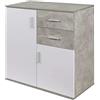 BAKAJI Mobile Madia con 2 Cassetti Doppia Anta e 2 Ripiani Interni Mobiletto Credenza Armadio Multiuso Cucina Bagno Ufficio Design Moderno in Legno MDF Bianco e Grigio Effetto Cemento 82x35x80cm