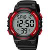 caprock Orologio digitale da uomo, luminoso, impermeabile fino a 5 ATM, orologio sportivo digitale, cinturino in gomma, orologio da polso con display a LED, sveglia, cronometro, Nero-Rosso