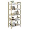 YITAHOME Libreria a 5 ripiani, in piedi, aperta, in metallo, sottile, alta, con 4 ganci, per soggiorno, ufficio, casa, oro
