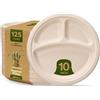 GUSTO [10 Pollici - 25,4 cm - 125 Pezzi] Piatti Resistenti 100% Compostabili, con 3 Scomparti, Eco-Friendly, Piatti di Carta Usa e Getta in Bagassa di Canna da Zucchero - Marrone Non Sbiancato.