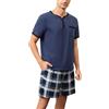 Yukiuiny Pigiami Due Pezzi da Uomo per Estate-Maniche Corte,Henley Scollo;Pantaloncini a Quadri-Tipo C,XXL