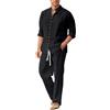Generic Set da uomo in cotone e lino, camicia e pantaloni, set da 2 pezzi, tinta unita, camicia a maniche lunghe con bottoni e tasca sul petto, pantaloni leggeri e traspiranti con coulisse, Nero , XXL