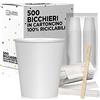 cubex professional ® Kit da 500 bicchieri riciclabili in cartoncino bianchi 360 ml (12 OZ) + 500 palette in legno imbustate singolarmente da 14 cm per Caffè Acqua o Bevande Calde e Fredde