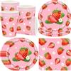 pekifaves Set di stoviglie per feste Fragola per 16 ospiti, Set Compleanno Fragola, Piatti di Carta, Bicchieri di Carta, Tovaglioli, per feste di compleanno, per ragazze, baby shower