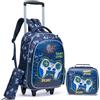 Egchescebo Zaino con Rotelle Bambini Trolley Zainetto Asilo Scuola Elementare Primaria 17" 3PCS Borsa Pranzo Portamatite Media Carrello Ruote Valigia Ragazzi Cavalcabile per Rullo Gamepad Blu