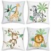 Bonhause Federe per Cuscini Animali 45 x 45 cm Copricuscini Decorativi Giraffa Zebra Scimmia Leone Foglia Verde Federa per Cuscino Divano Letto Casa Decorazione Set di 4