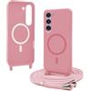 Bigcousin Magnetica Cover con Cordino per Samsung Galaxy S23,[Compatibile con MagSafe], Cover in Silicone, Regolabile Cordino da Collo Nylon Catena Collana Tracolla,Rosa