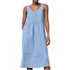 HAOLEI Vestito Lungo Lino Donna Casual Colore Solido Tunica Bottone Tinta Unita Eleganti Scollo a V Manica Corta Midi Abito Boho Vestito Lungo da Spiaggia Estivi A-Line Dress per la Primavera e L'Estate