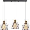 PETITES ECREVISSES Lampadario a Sospensione Vintage 3 Luci Industriale E27 Plafoniera Retro in Metallo gabbia Lampada da soffitto con legno per Cucina Salotto (Nero-B-con una barra)
