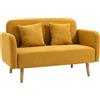 HOMCOM Divano doppio rivestimento con cuscini divanetto in tessuto design compatto moderno a due posti regolabile in altezza vellutato poliestere gomma legno schiuma natura + giallo 130 x 70 x 80 cm
