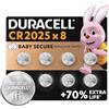 Duracell Batterie a moneta al litio 2025 da 3 V (confezione da 8) - Fino al 70% di extra durata - Tecnologia Baby Secure - Pila per chiavi auto, orologi fitness, occhiali 3D