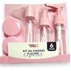 Terryshop74 Kit Viaggio 6pz Flaconi Trasparenti per Cosmetici e Liquidi, Formato Aereo, Riutilizzabili, Set Completo per Bagaglio a Mano (Rosa)