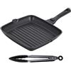 Stone&Stone Griglia Bistecchiera Antiaderente Quadrata 28x28CM|Manico rimovibile Piastra PROFESSIONALE in Pietra Fondo induzione in acciaio qualità TEDESCA Greblon C3+ grill per forno |1 Pinza (28CM)