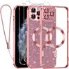 Kokio Glitter Magnetica Cover per iPhone 11 Pro con Cordino, Compatibile con MagSafe, Brillantini Sottile Silicone TPU Antiurto Custodia per iPhone 11 Pro con 2 Vetro Temperato Bumper, Rosa