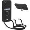 BGHHEU Cover con Cordino per Xiaomi 13T / Xiaomi 13T Pro,Custodia con Collana Collo Silicone Antiurto Case,Protezione Fotocamera Slot Carte 360° Anello Supporto,Silicone Case,Nero