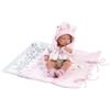 Llorens 1073898 - Bambola Nica con occhi azzurri e corpo fisso, bambola da bagno con vestito rosa, ciuccio e coperta morbida, 40 cm