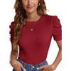 Tuopuda Magliette Donna Estive T-Shirt Maniche a Sbuffo Elegante Top a Coste Elasticizzato Tee Maglietta Casual Camicia in Maglia Girocollo Blusa Taglie Forti, Vino Rosso, XL