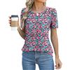 Rapbin Top estivo da donna a maniche corte a sbuffo casual elegante t-shirt girocollo plissettato con stampa floreale camicetta a tunica camicie larghe 2025, Nero Rosa Blu Floreale, S