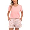 Bresdk Pigiama Donna Estivo Cotone Corto Eleganti Pigiami Due Pezzi Estivi Pantaloncini a Quadri Manica Corta Scollo a V, A - Rosa Chiaro (Manica Corta), M