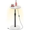 MAHANCRIS Piccolo tavolino laterale, tavolo rotondo per bevande, tavolo Martini regolabile in altezza con luce LED e tappetino per tazze per piccoli spazi in soggiorno, camera da letto, divano, bianco