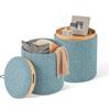 RELAX4LIFE Set di 2 Sgabelli con Contenitore, Sgabello Rotondo con Coperchio Reversibile e Maniglie Laterali, Ottomana in Tessuto con Seduta Imbottita e Tavolino per Soggiorno, Azzurro Cielo